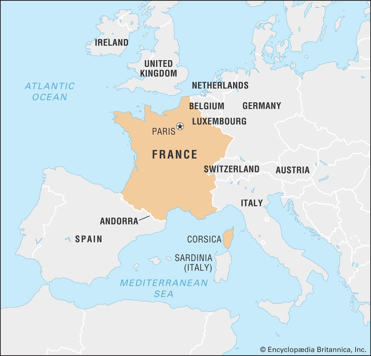 mapa Francie a sousedních zemí