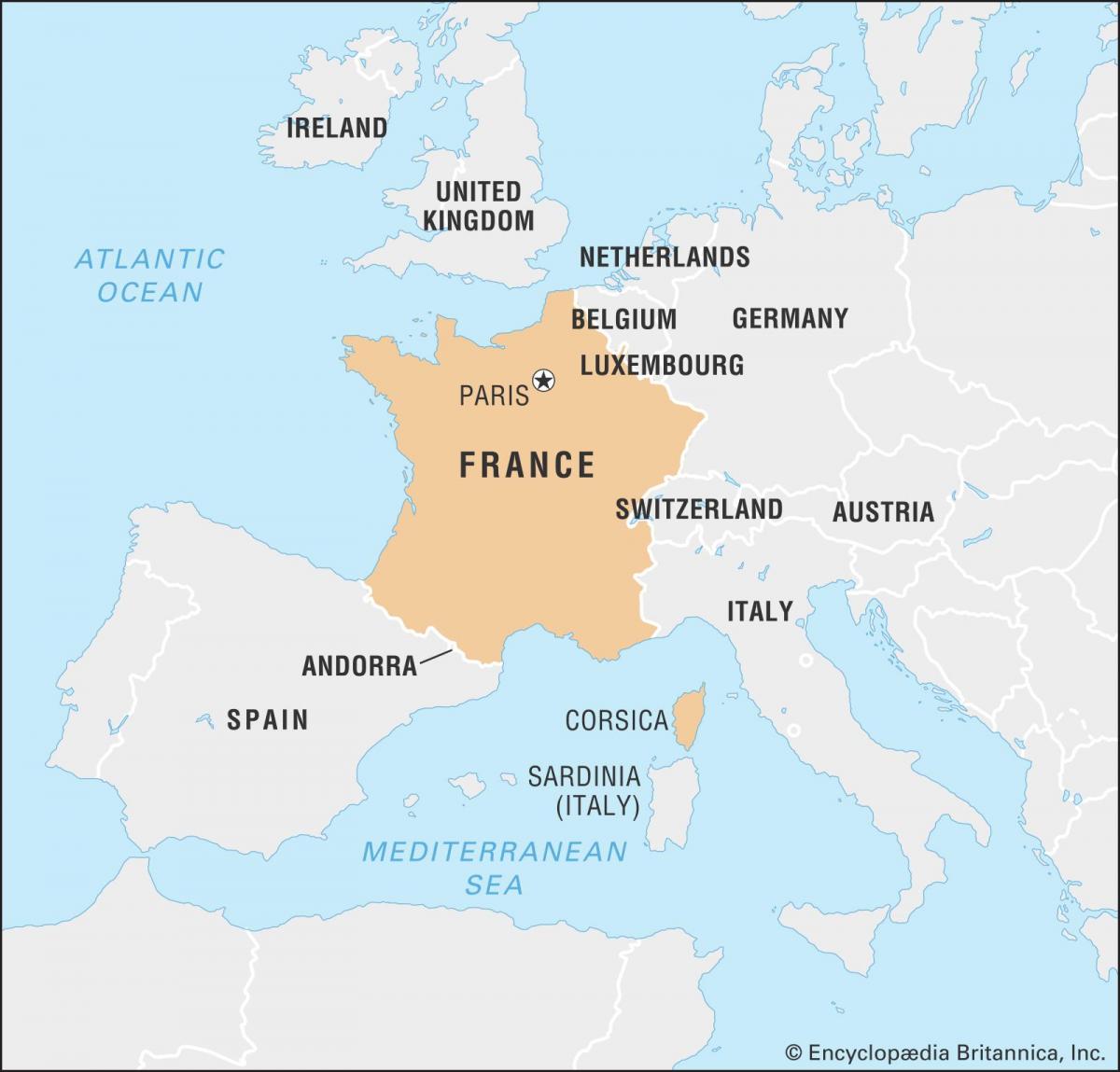 mapa Francie a sousedních zemí
