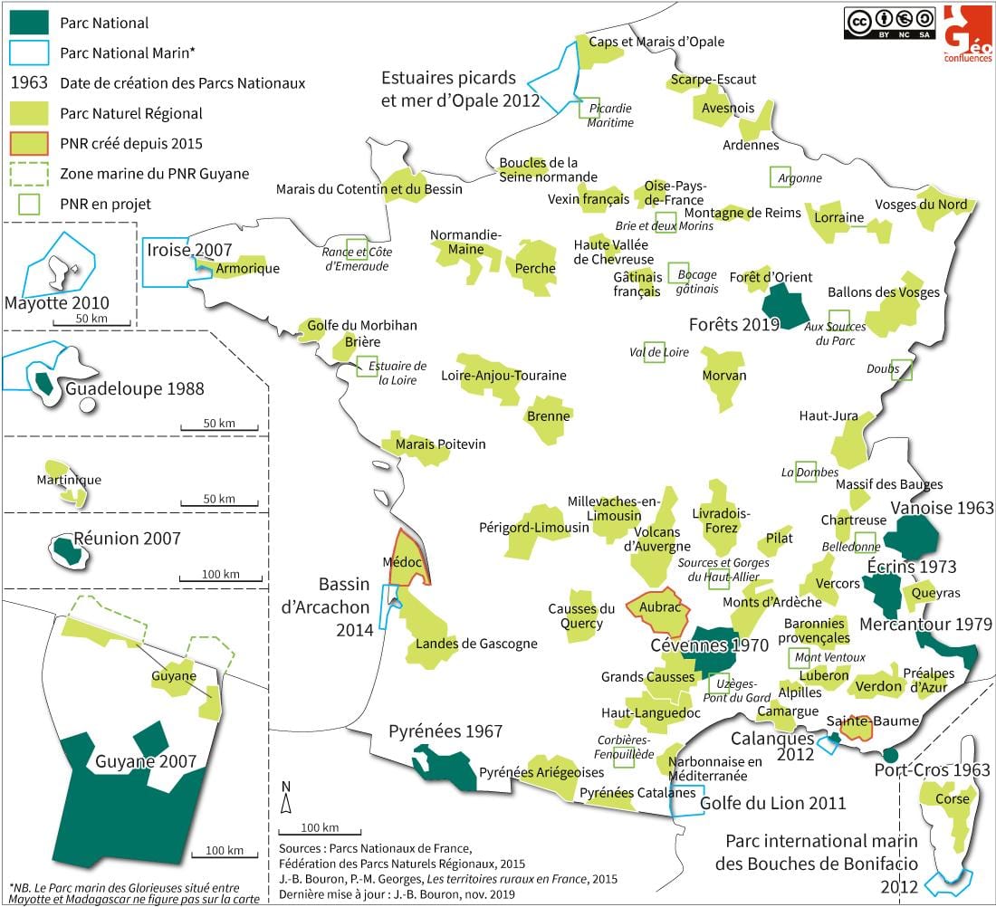 mapa národních parků ve Francii