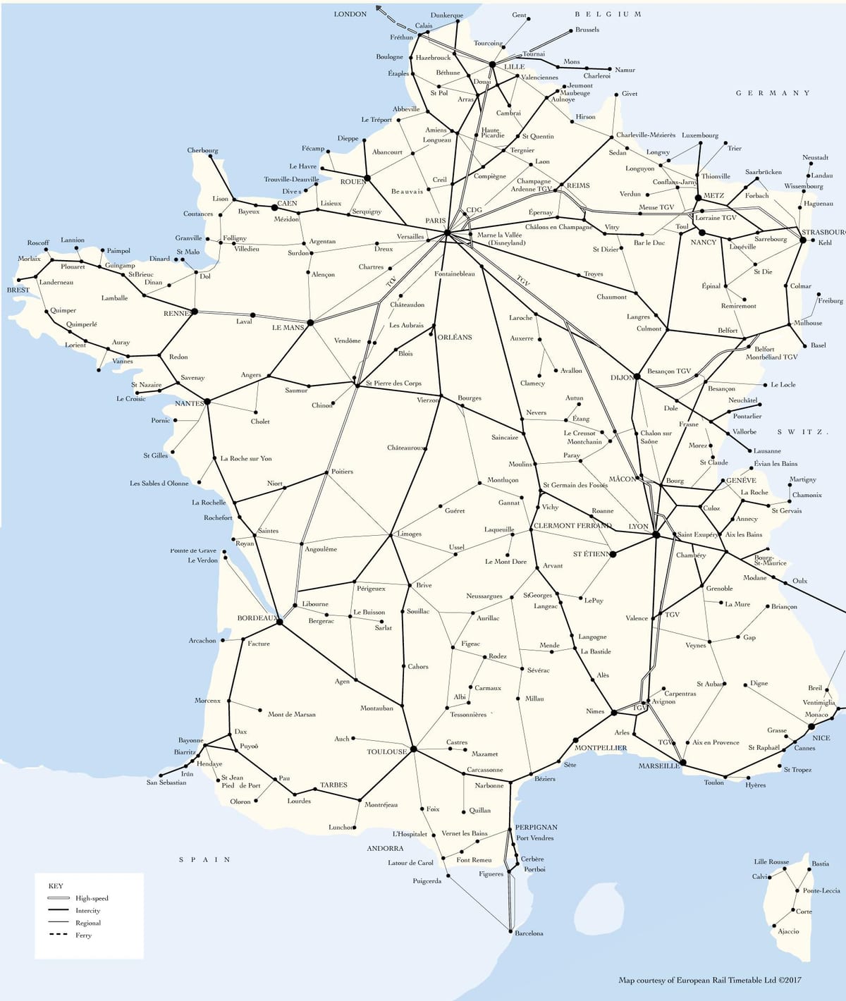 mapa vlakových linek ve Francii