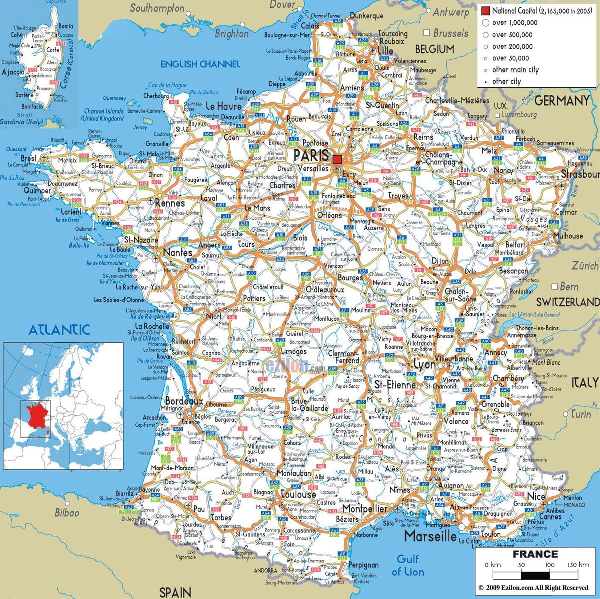 jízdní mapa Francie s vzdálenosti