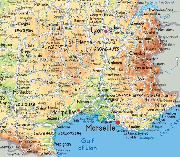 mapa jihovýchodní Francie