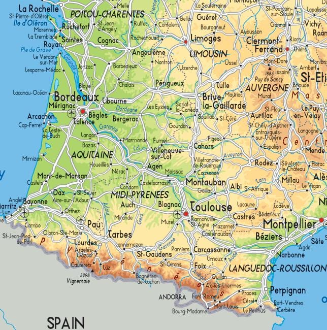 mapa jižní západní Francie