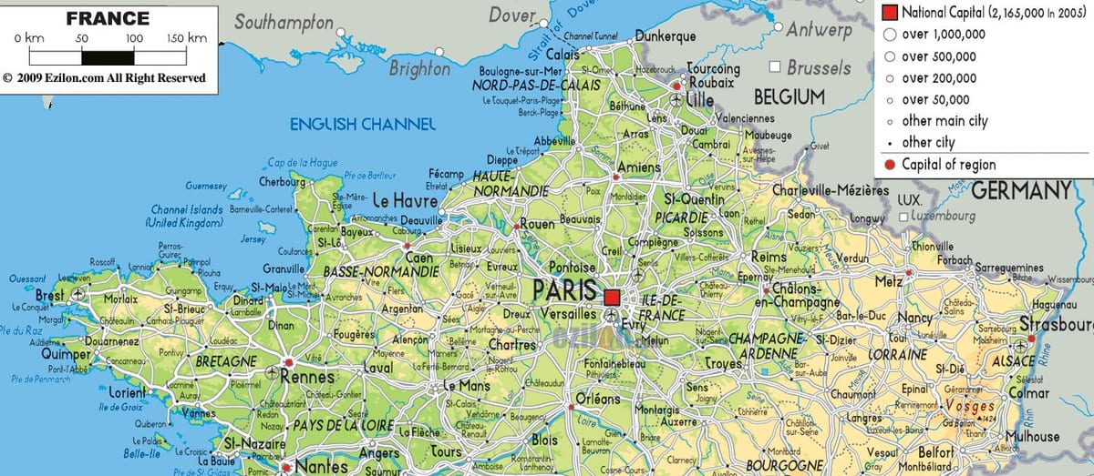 mapa severní Francie s městy