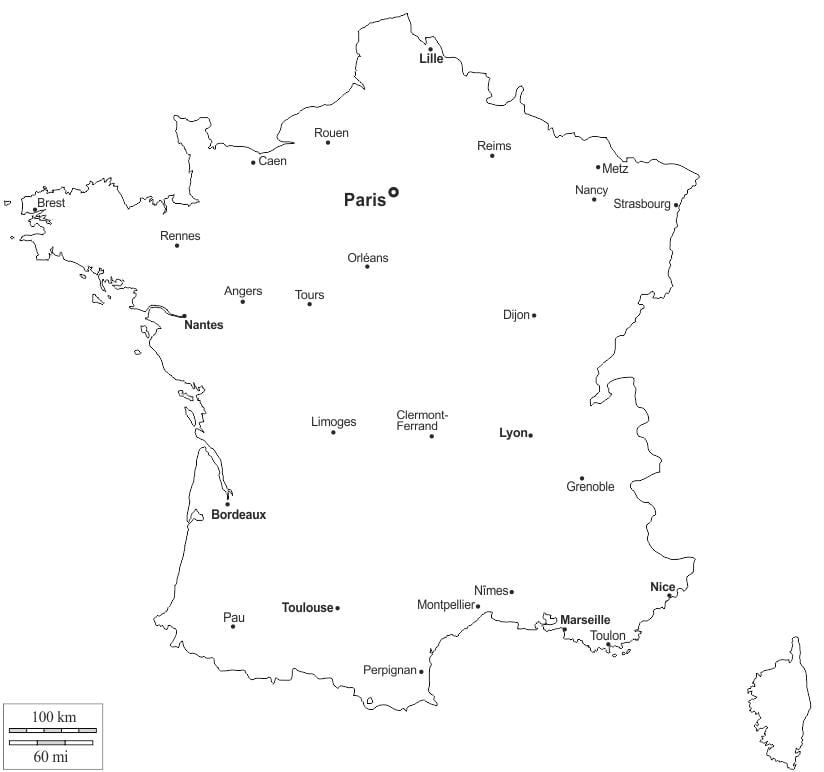 Francie mapa obrys s městy