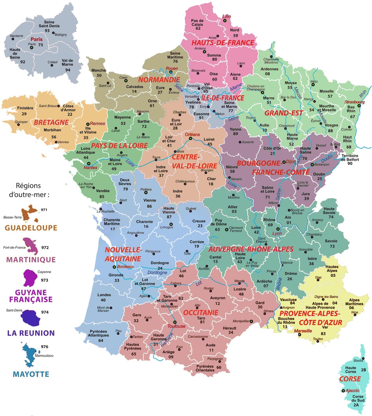 politická mapa Francie s městy