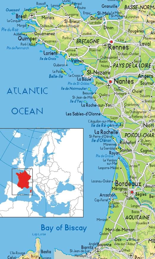 mapa Francie na západním pobřeží