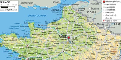 Mapa severní Francie s městy